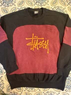 Reworked  Stussy Embroidered Logo Block Crewneck Sweatshirt Burgundy Black